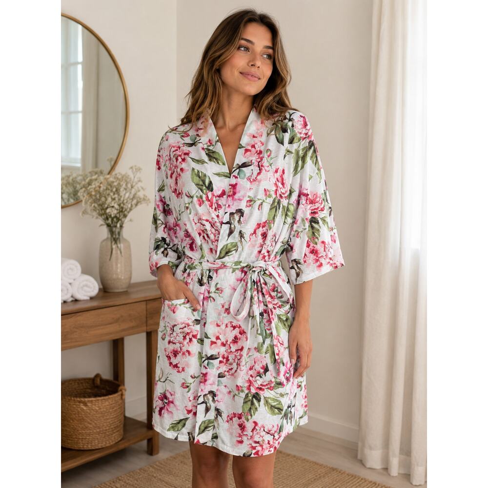 Show Me Your Mumu Floral Robe Cover Up O/S Pink White Kimono Lounge